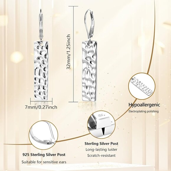 925 Sterling Silver French Lightweight Square Bar Long Drop Leverback Earring - Picture 3 of 7